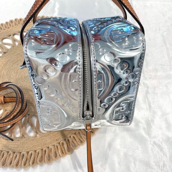 Limited Edition Tory Burch T Monogram Embossed Metallic Silver Cube Handbag - Picture 6 of 12
